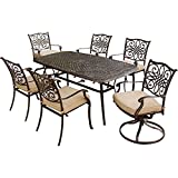 Hanover TRADITIONS7PCSW, 4 Stationary, 2 Swivel Rocker Chairs, and 38"x72" R Traditions 7-Piece Cast Aluminum Outdoor Patio Dining Set, Bronze Frame, Tan