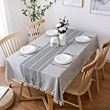 Lipo Waterproof Tablecloth Rectangle 55x86 Embroidery Burlap Linen with Tassel - Heavy Duty Wrinkle Free Table Covers for 6 Foot Tables Rustic Farmhouse Outdoor Tablecloths for Party Camping Dining