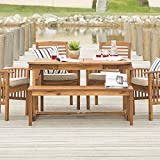 Walker Edison Maui Modern 6 Piece Solid Acacia Wood Slatted Outdoor Dining Set, Set of 6, Brown